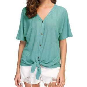 Womens Henley Short Sleeve Tie Front Knot Size M